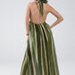 Maxi V-Neck Halter Dress With Side Slits In Striped Tie-dye Green