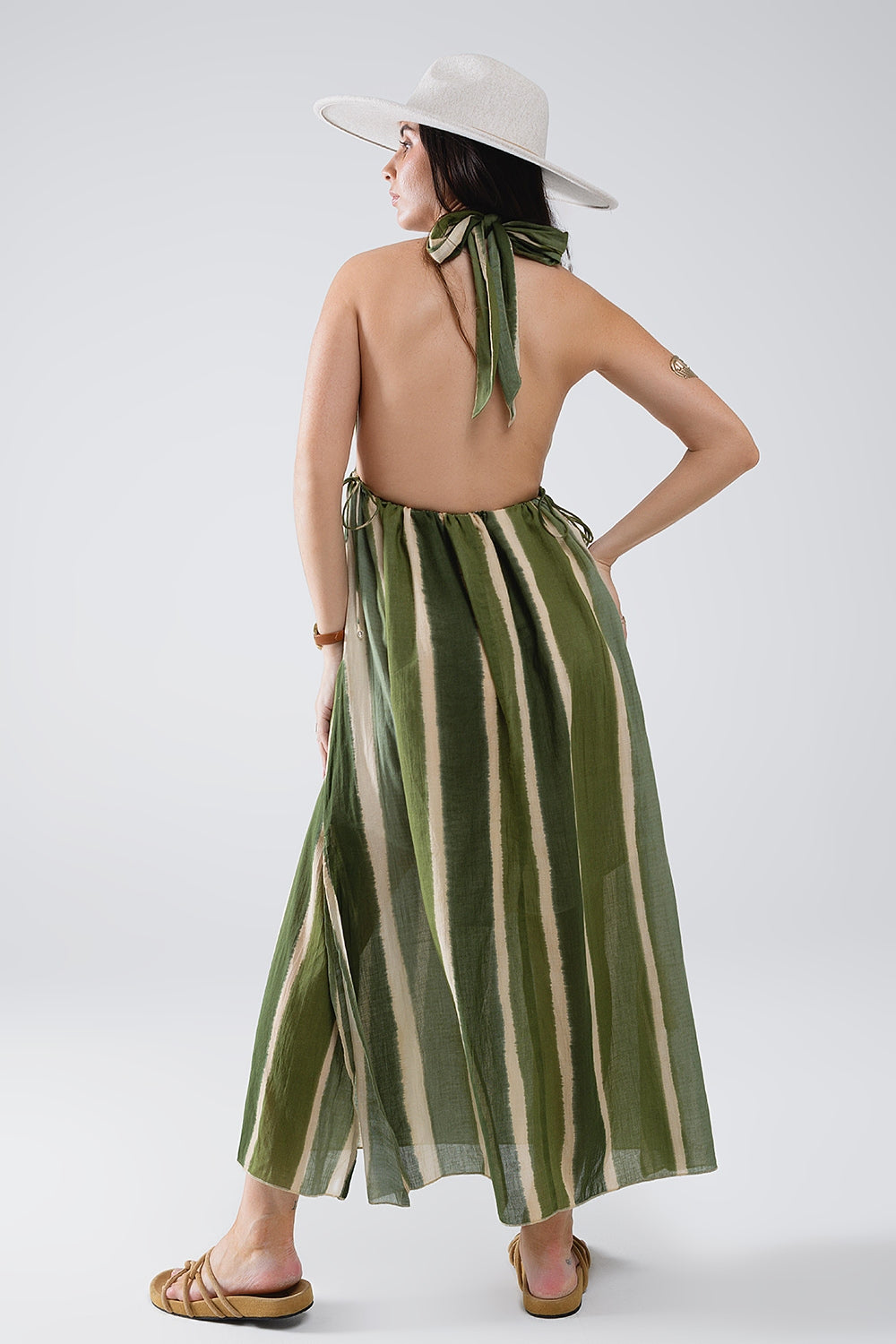 Maxi V-Neck Halter Dress With Side Slits In Striped Tie-dye Green