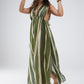 Maxi V-Neck Halter Dress With Side Slits In Striped Tie-dye Green