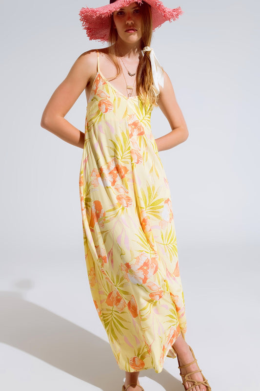 Q2 maxi yellow jumpsuit in tropical print