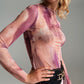 Q2 Mesh Top Rouched At The Side In Abstract Pink Print