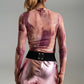 Mesh Top Rouched At The Side In Abstract Pink Print