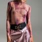 Mesh Top Rouched At The Side In Abstract Pink Print