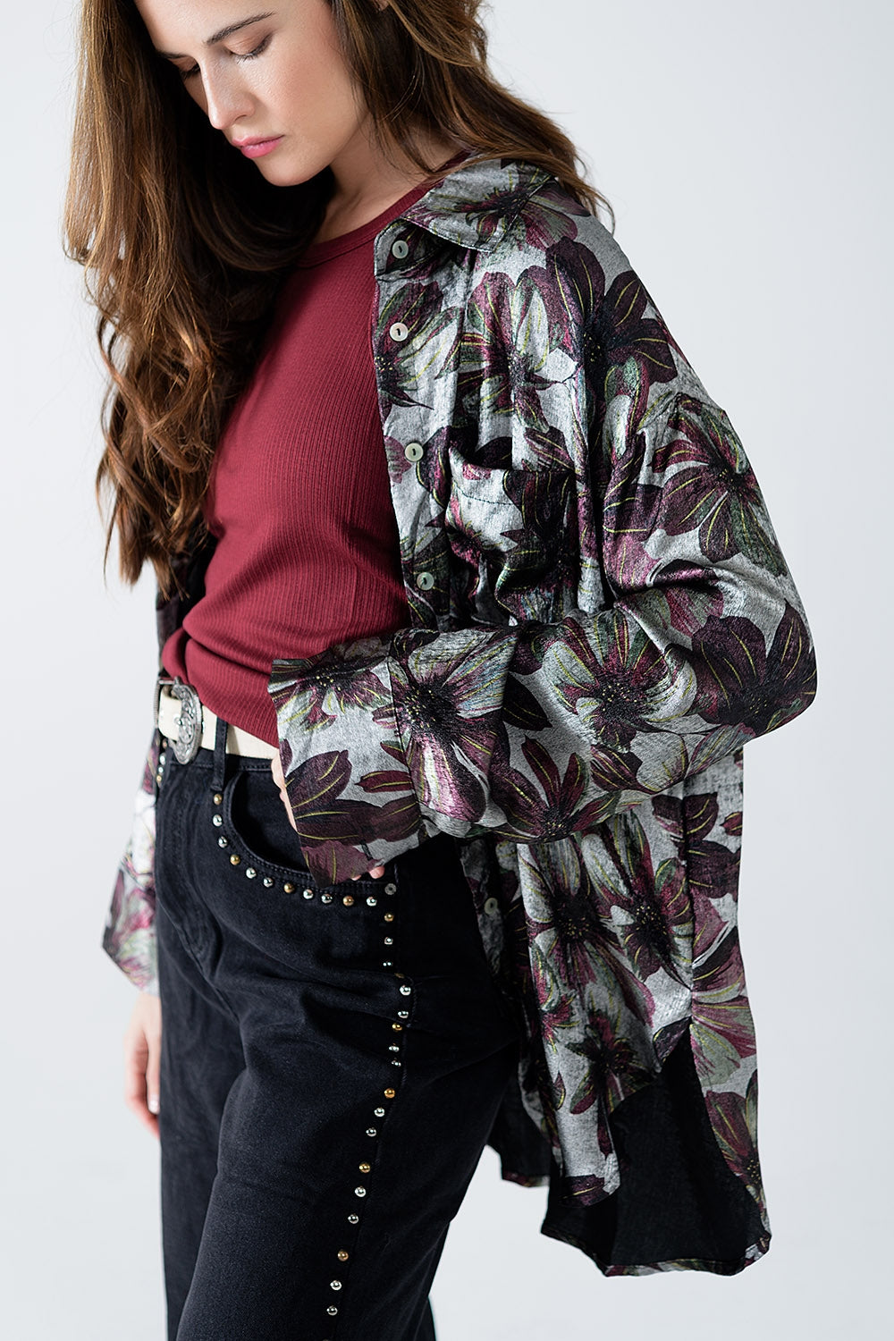 Metallic effect flower print shirt