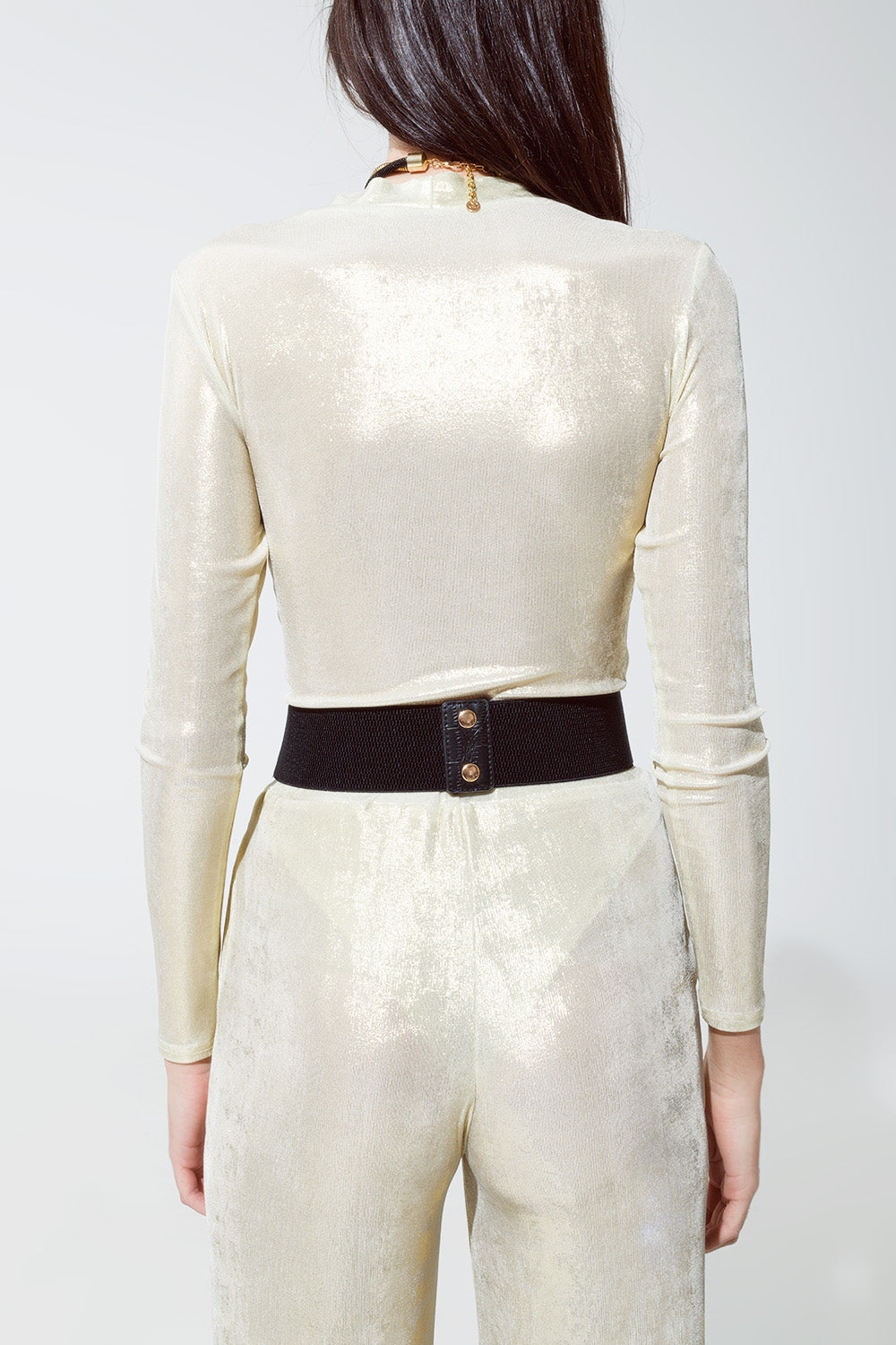 Metallic Finish Flared Legging in Pearl White.