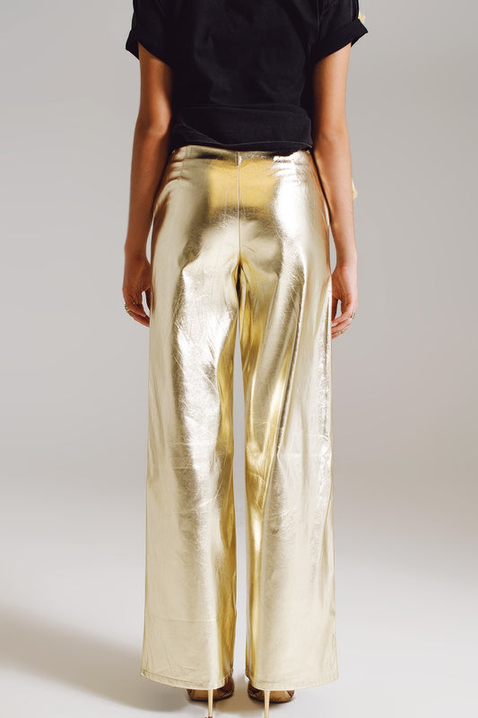 Metallic Straight Leg Pants in gold