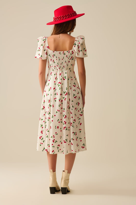 Midi Cherry Print Dress With Puff Sleeves
