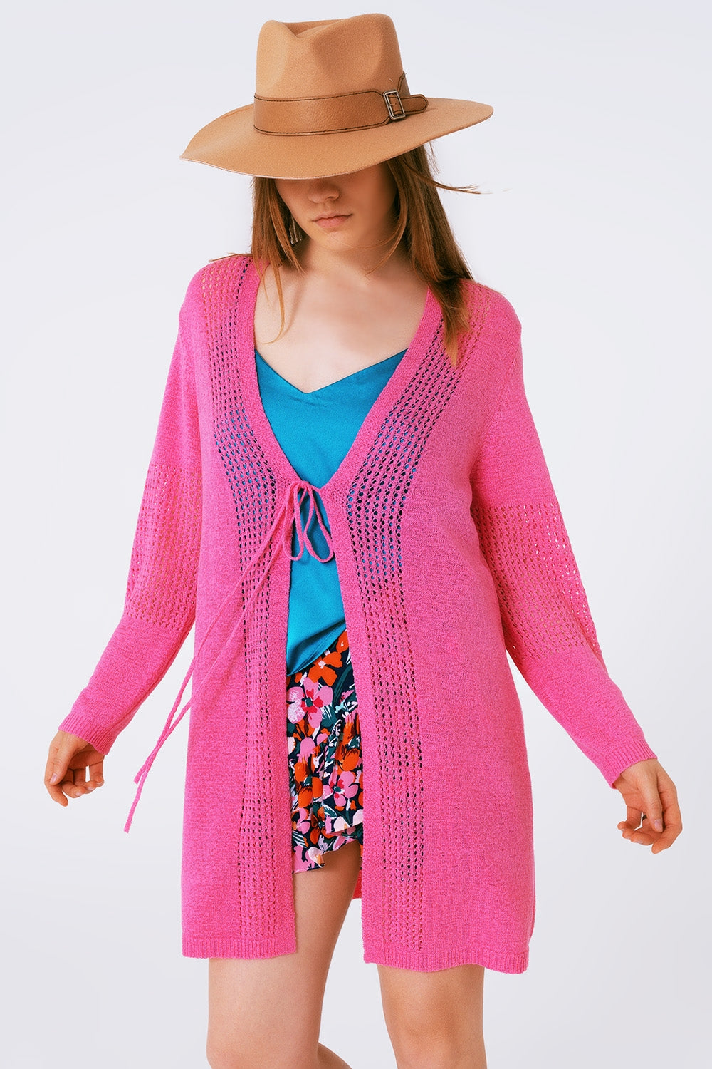 Cárdigan midi de crochet con cordón en rosa