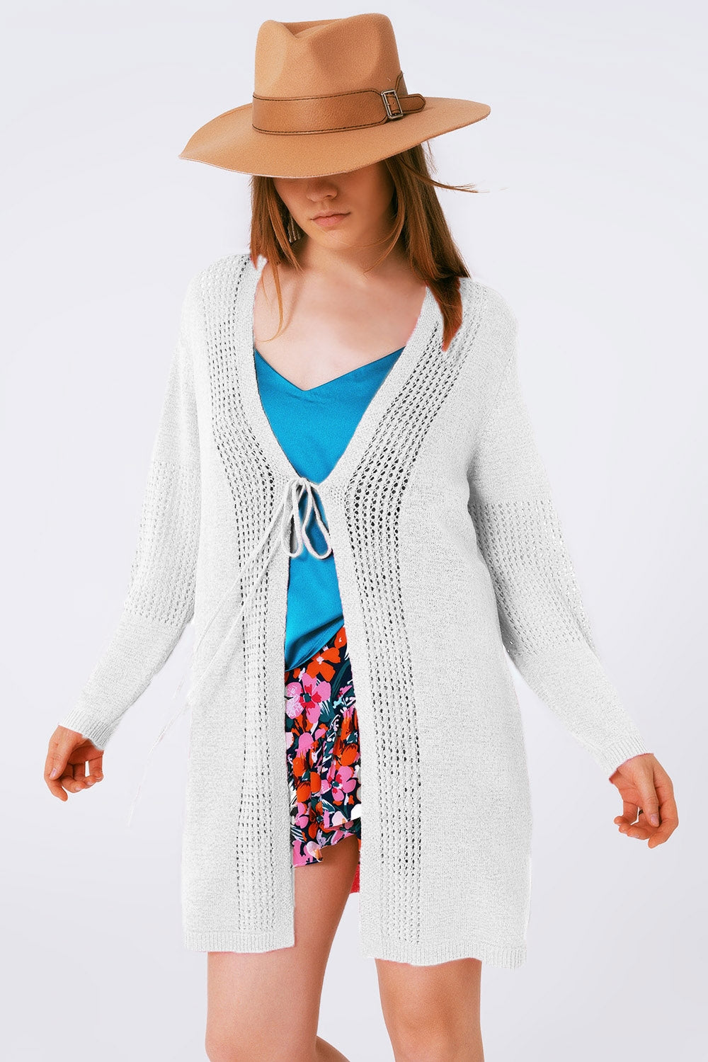 Q2 Midi Crochet Drawstring Cardigan in White