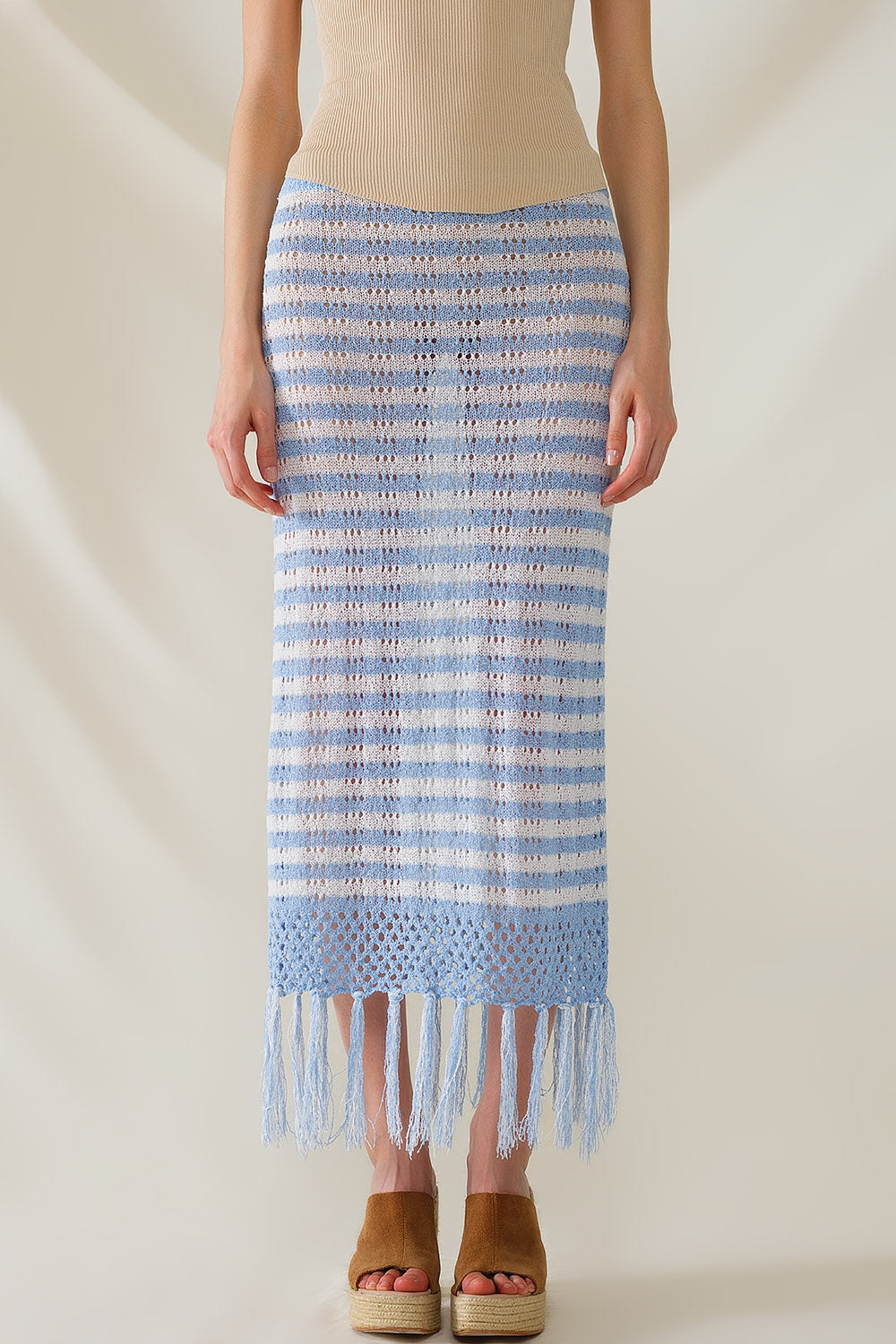 Q2 Midi Crochet White Skirt With Blue Stripes and Fringe Hem