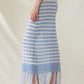 Midi Crochet White Skirt With Blue Stripes and Fringe Hem