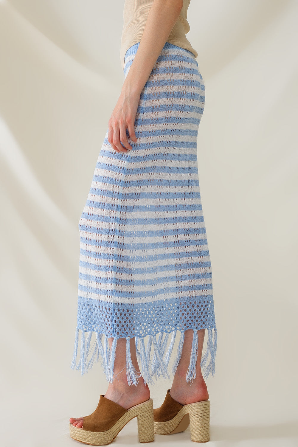 Midi Crochet White Skirt With Blue Stripes and Fringe Hem