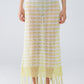 Q2 Midi Crochet White Skirt With Yellow Stripes and Fringe Hem