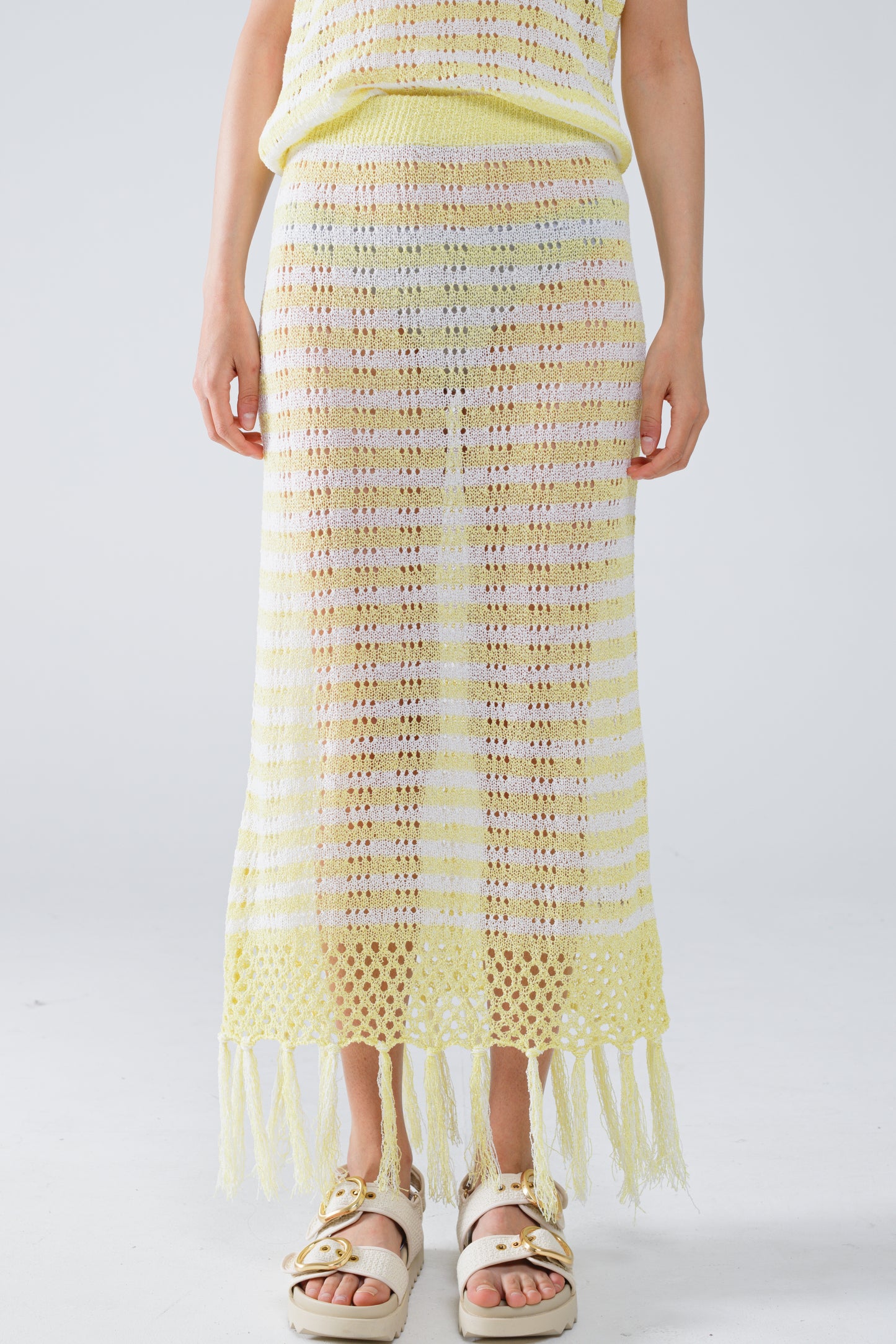 Q2 Midi Crochet White Skirt With Yellow Stripes and Fringe Hem