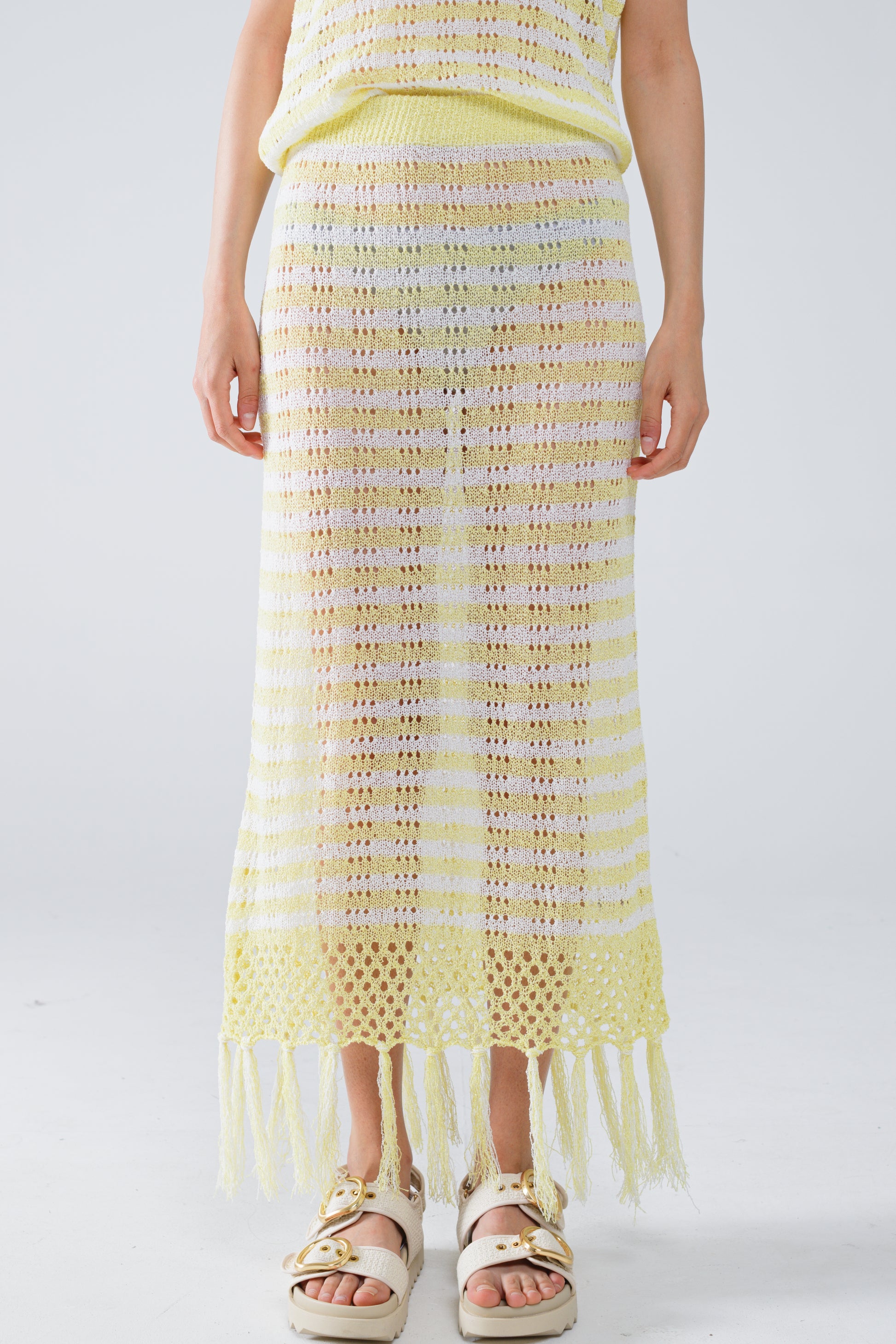 Q2 Midi Crochet White Skirt With Yellow Stripes and Fringe Hem