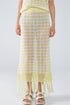 Q2 Midi Crochet White Skirt With Yellow Stripes and Fringe Hem