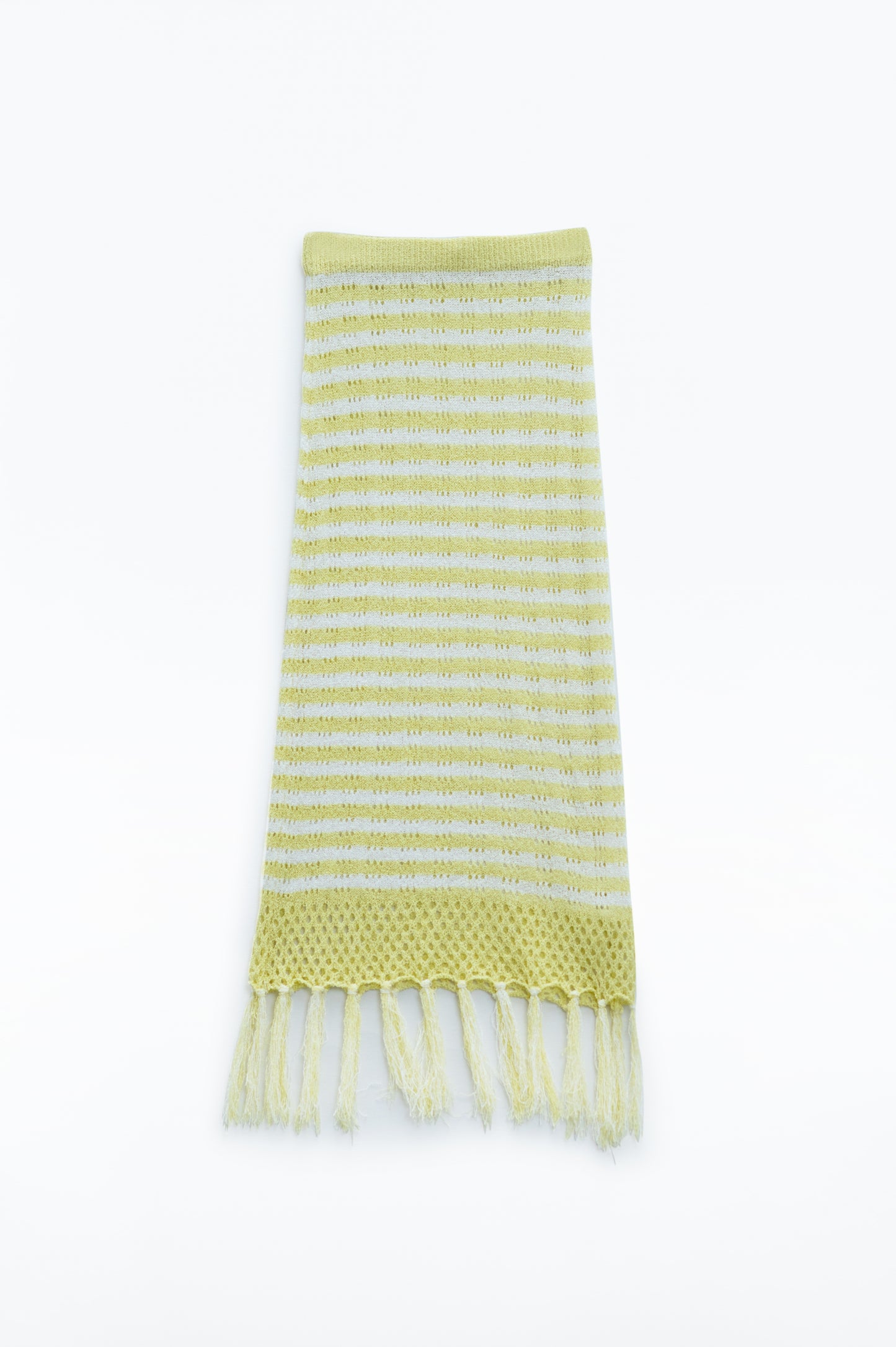 Midi Crochet White Skirt With Yellow Stripes and Fringe Hem