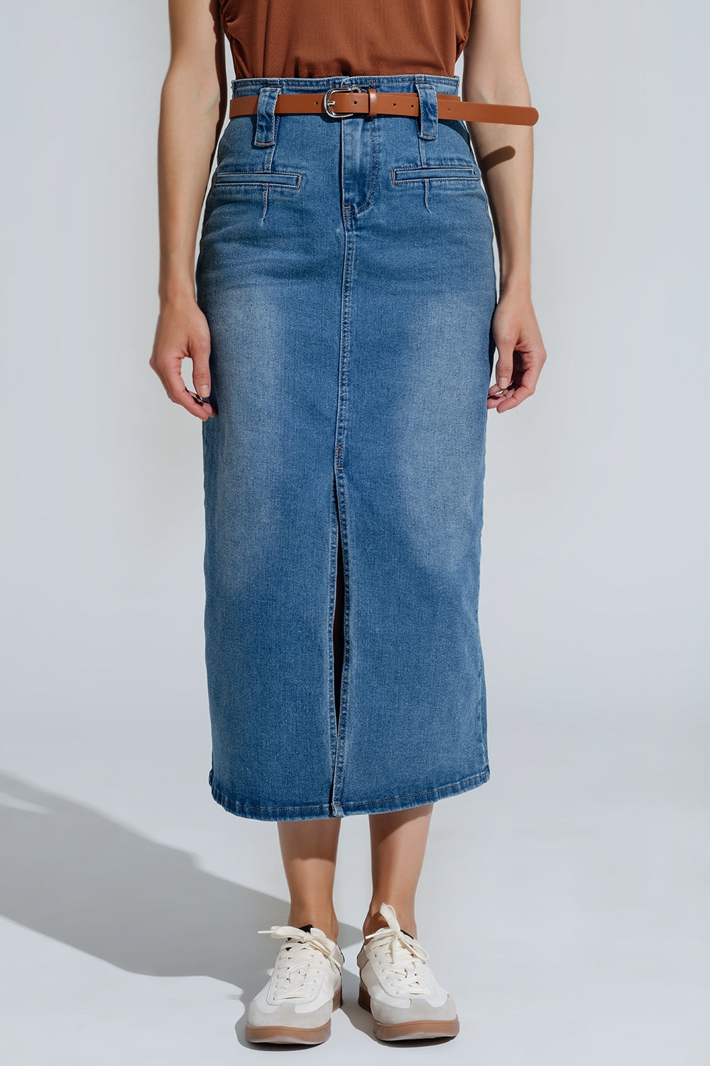 Q2 Midi Denim Skirt In Blue With Front Split