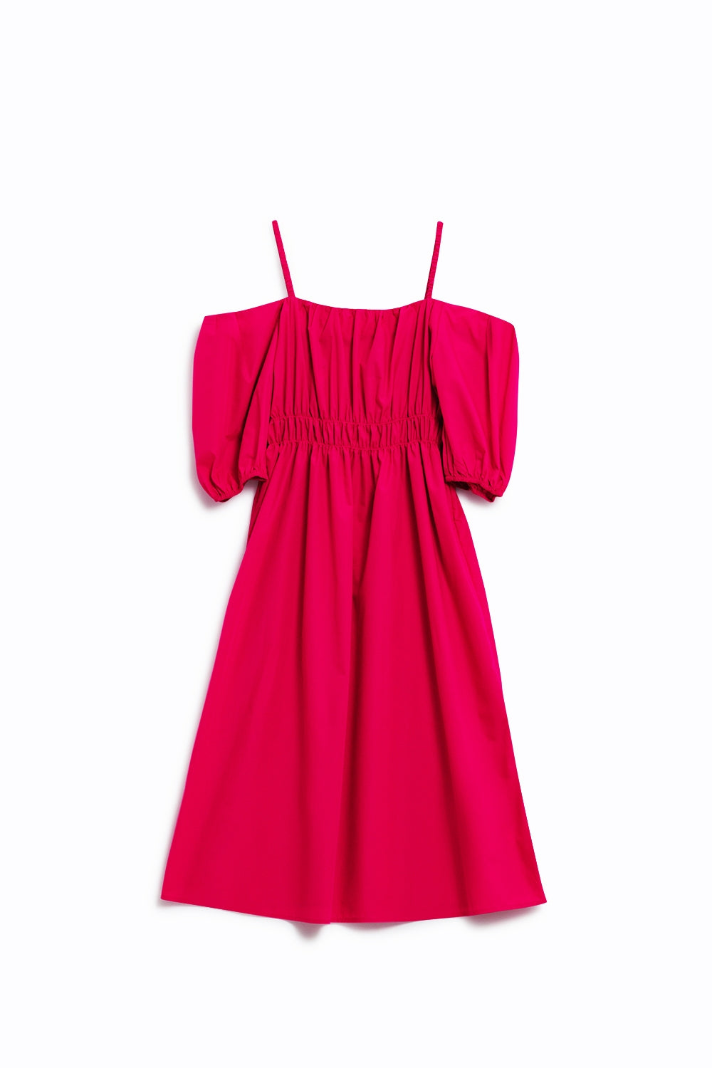 Vestido midi fucsia con manga corta y tirantes