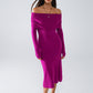 Midi Knitted Folover Badot Dress in Magenta