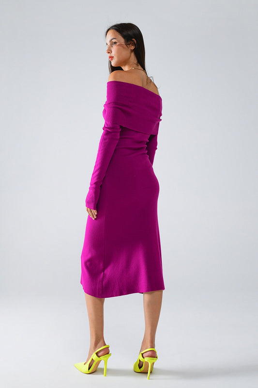 Midi Knitted Folover Badot Dress in Magenta