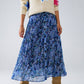 Q2 Midi Pleated Skirt In Blue Abstract Print With Button Placket