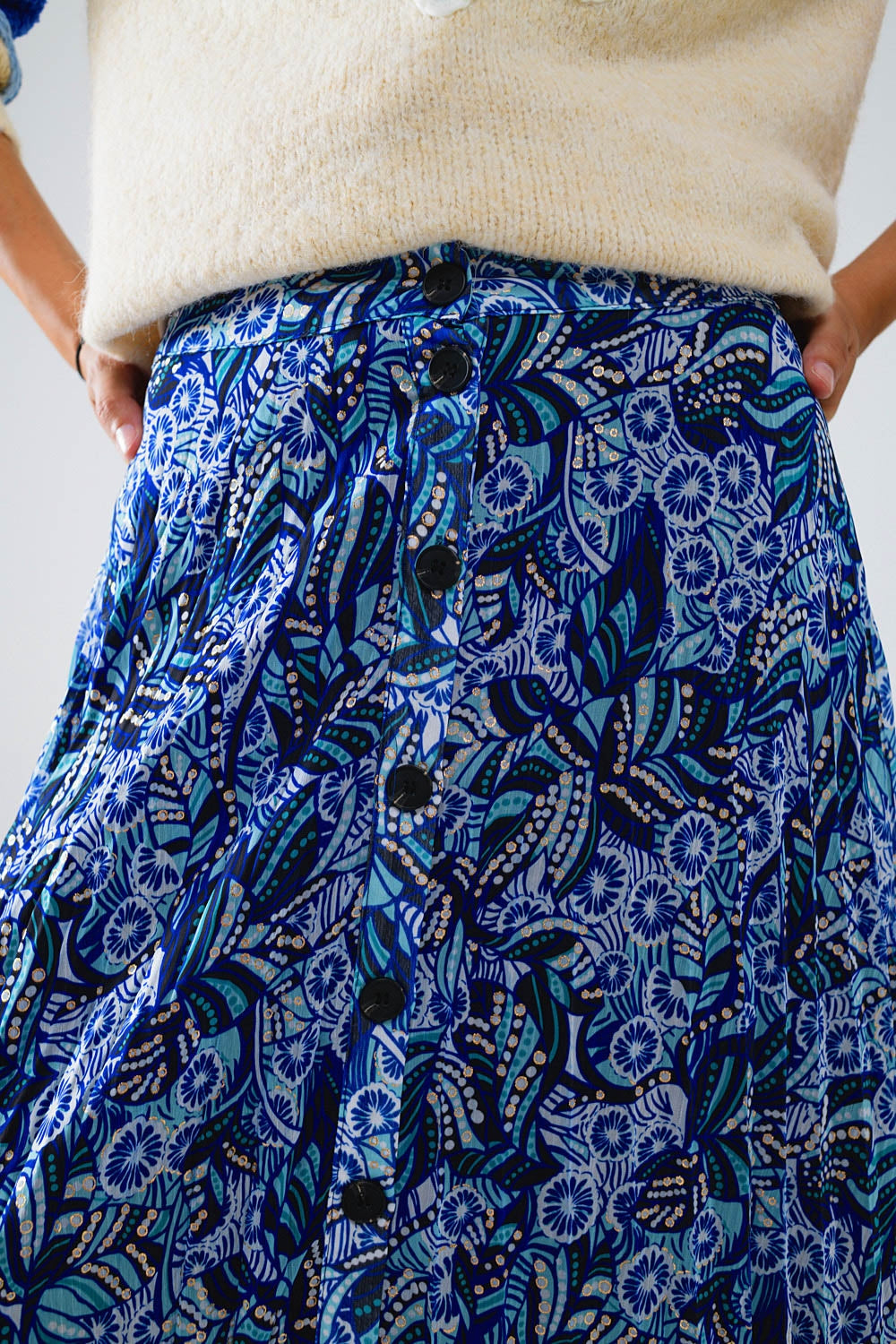 Midi Pleated Skirt In Blue Abstract Print With Button Placket