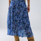 Midi Pleated Skirt In Blue Abstract Print With Button Placket