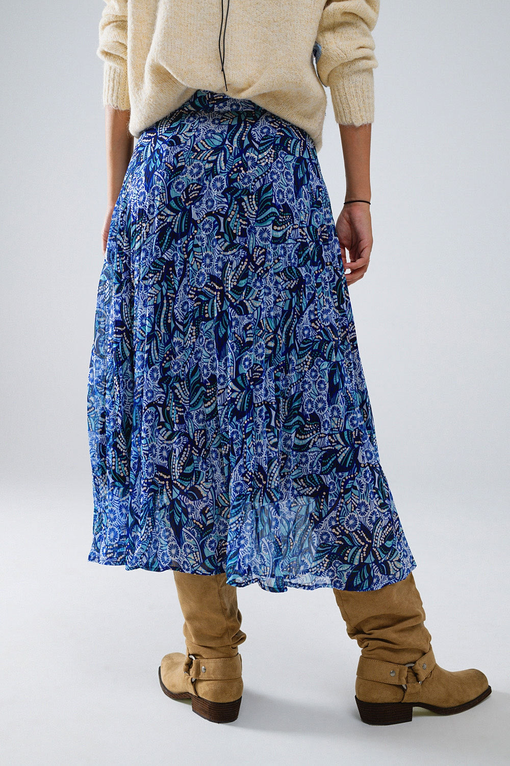 Midi Pleated Skirt In Blue Abstract Print With Button Placket