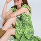 Q2 Midi Romantic Dress With Ruffled Short Sleeves in Green Leaf Print