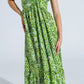 Midi Romantic Dress With Ruffled Short Sleeves in Green Leaf Print