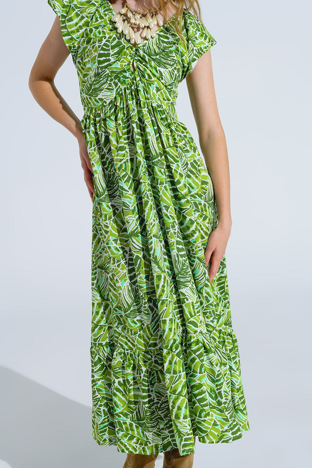 Midi Romantic Dress With Ruffled Short Sleeves in Green Leaf Print