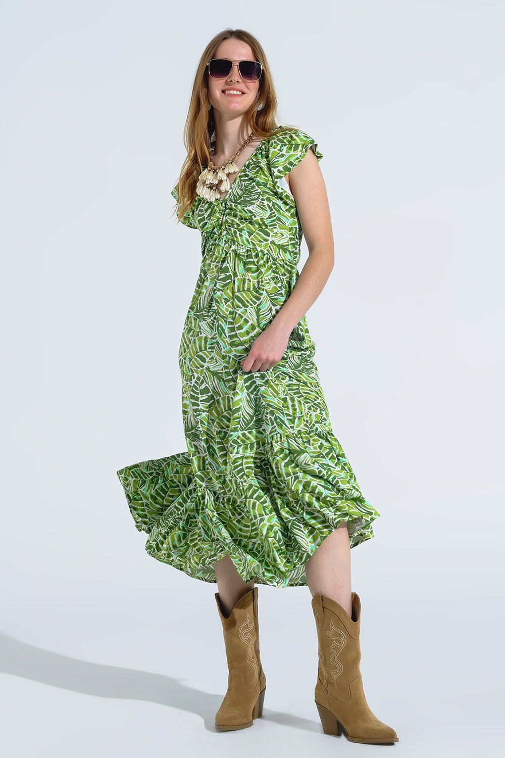 Midi Romantic Dress With Ruffled Short Sleeves in Green Leaf Print