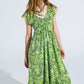 Midi Romantic Dress With Ruffled Short Sleeves in Green Leaf Print