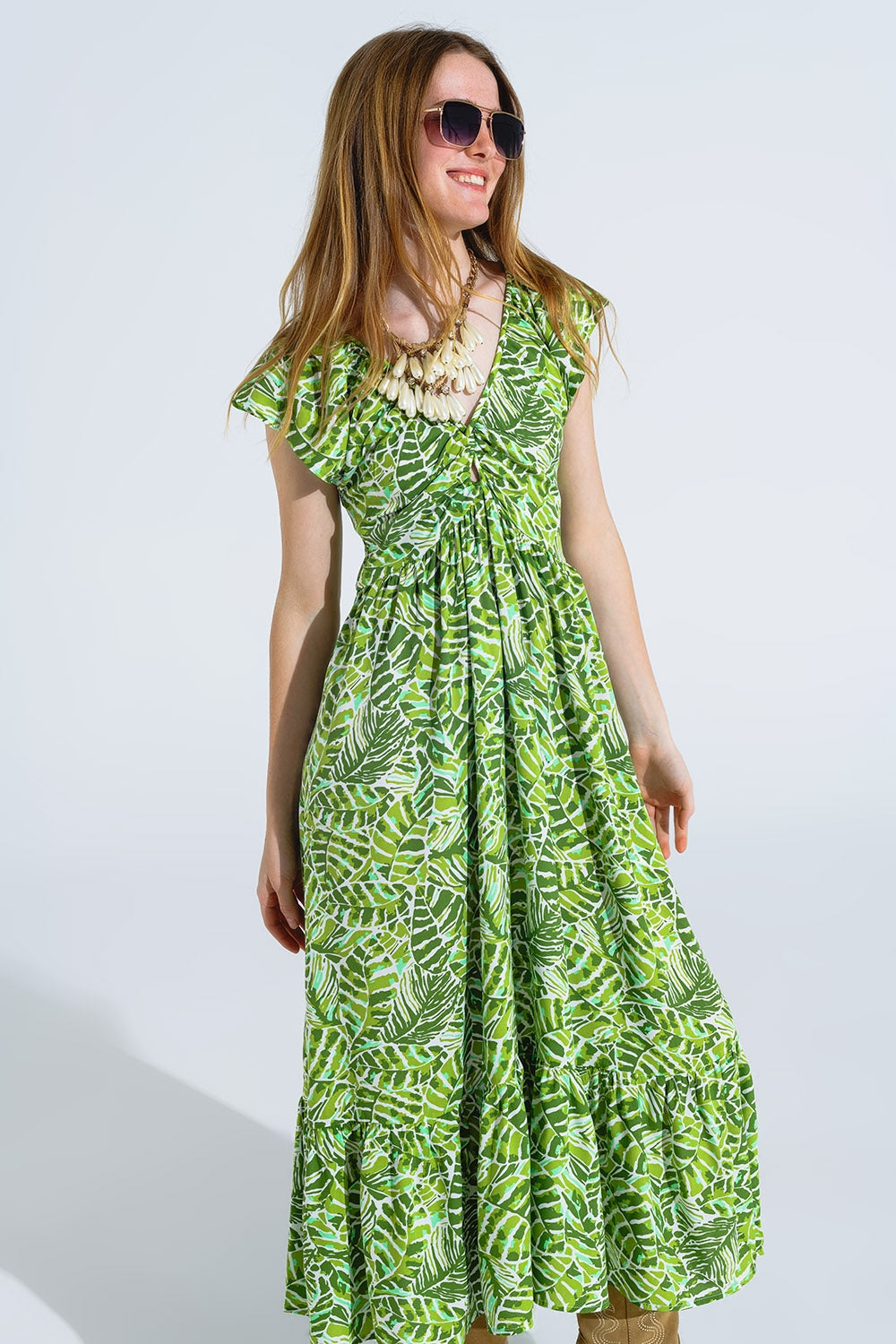 Midi Romantic Dress With Ruffled Short Sleeves in Green Leaf Print