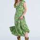 Midi Romantic Dress With Ruffled Short Sleeves in Green Leaf Print