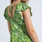 Midi Romantic Dress With Ruffled Short Sleeves in Green Leaf Print