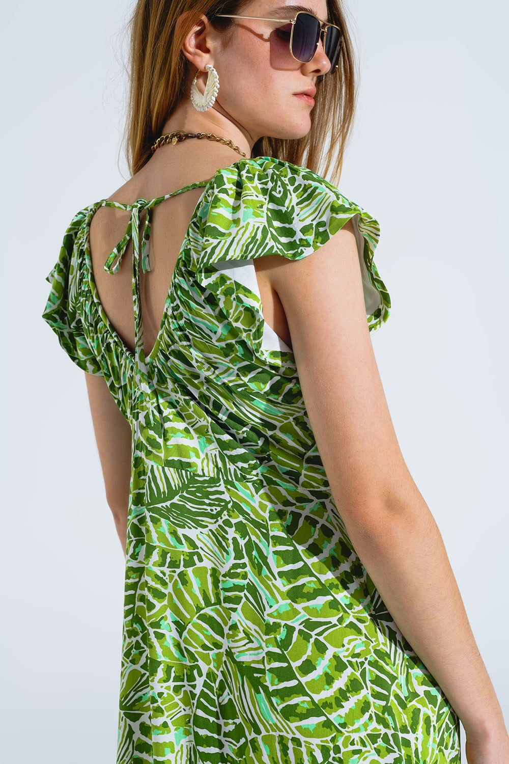 Midi Romantic Dress With Ruffled Short Sleeves in Green Leaf Print