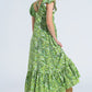 Midi Romantic Dress With Ruffled Short Sleeves in Green Leaf Print