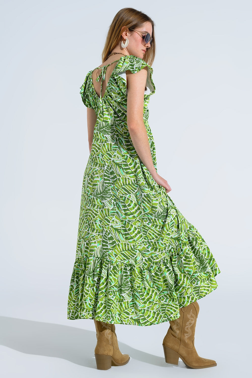 Midi Romantic Dress With Ruffled Short Sleeves in Green Leaf Print