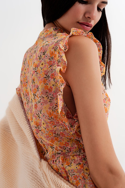 Vestido mini con ribetes de volantes en floral vintage en coral