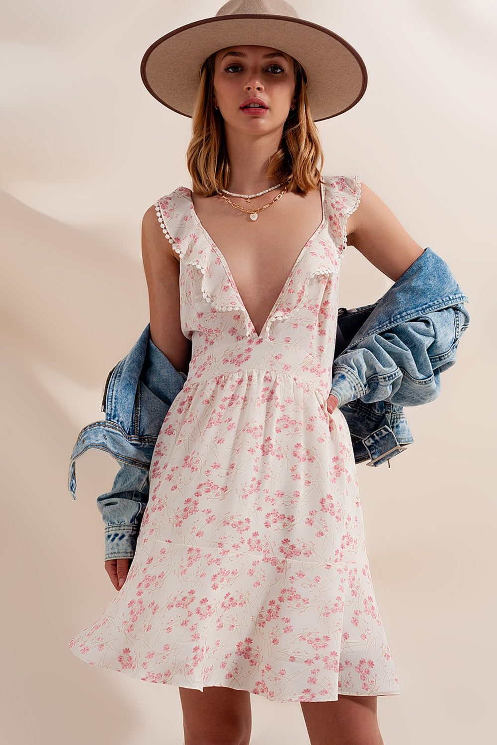 Mini swing dress with plunge neck in pink floral โ Szua Store