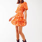 Q2 Mini V Neck Dress in Floral Orange Print