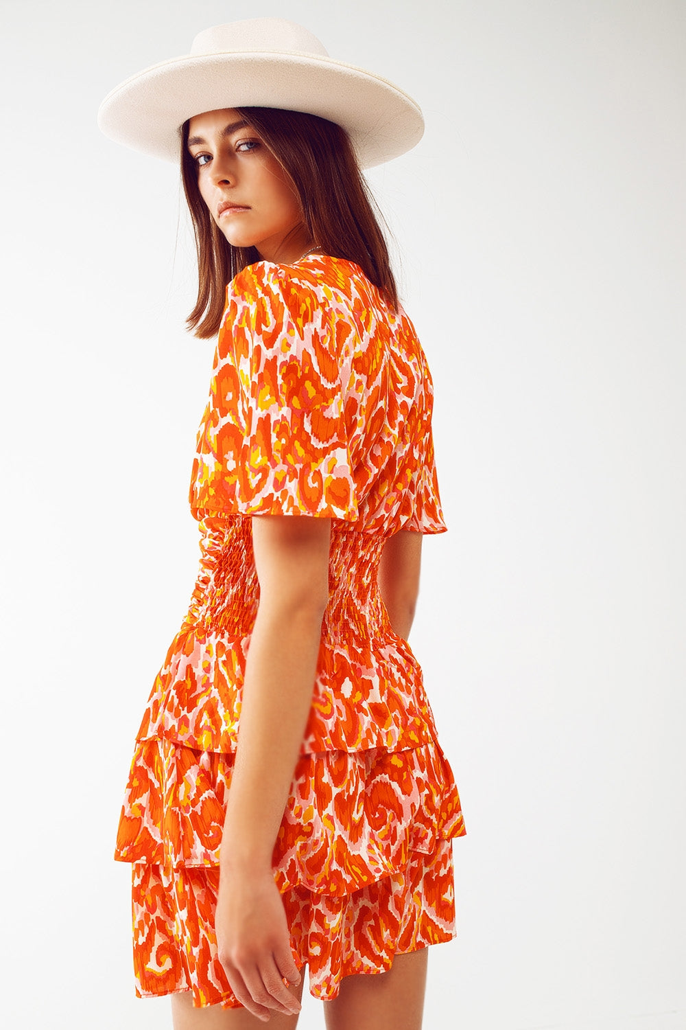 Mini V Neck Dress in Floral Orange Print