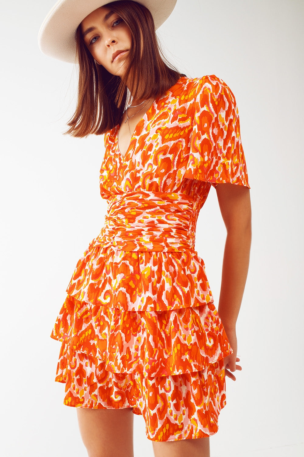 Mini V Neck Dress in Floral Orange Print