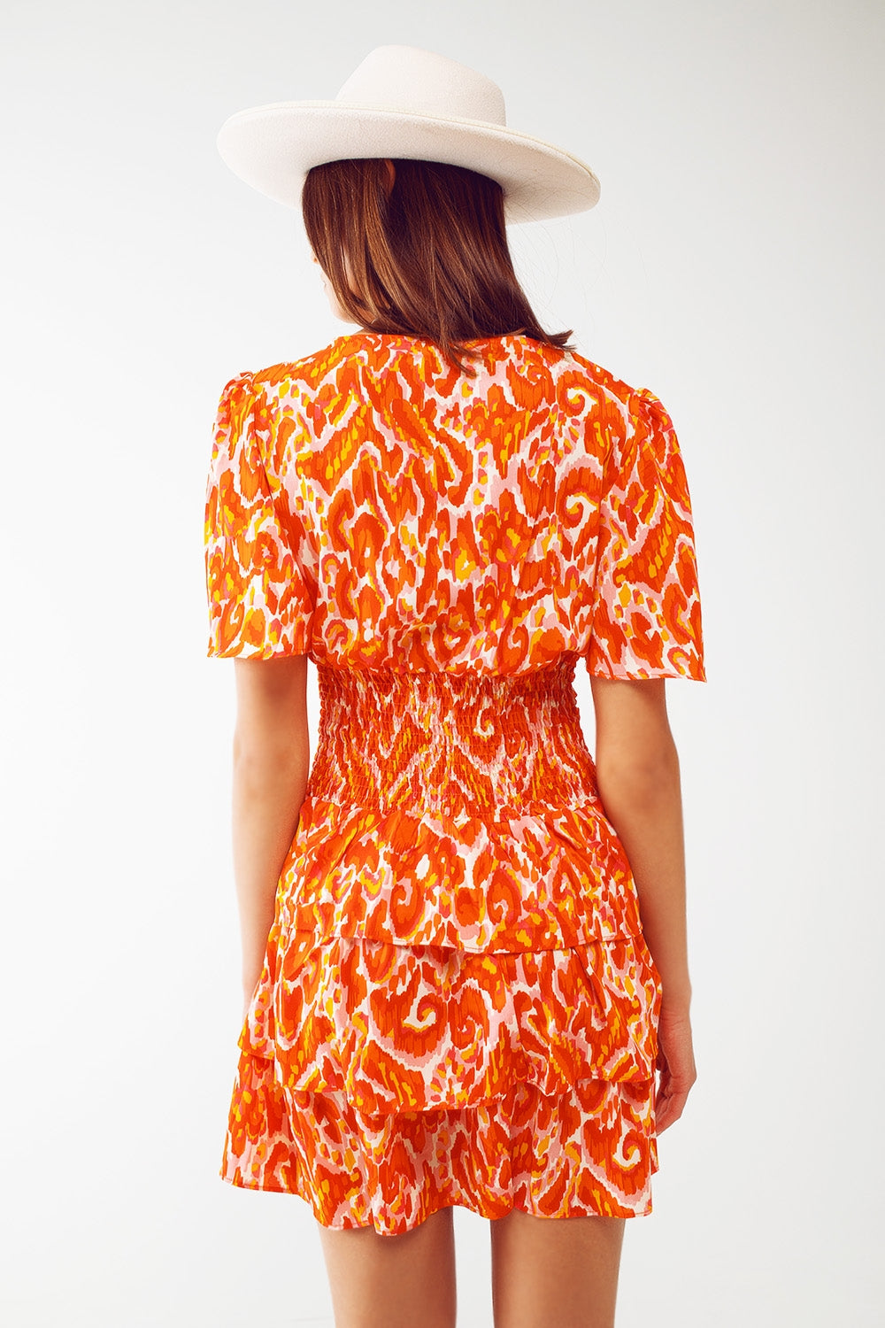 Mini V Neck Dress in Floral Orange Print