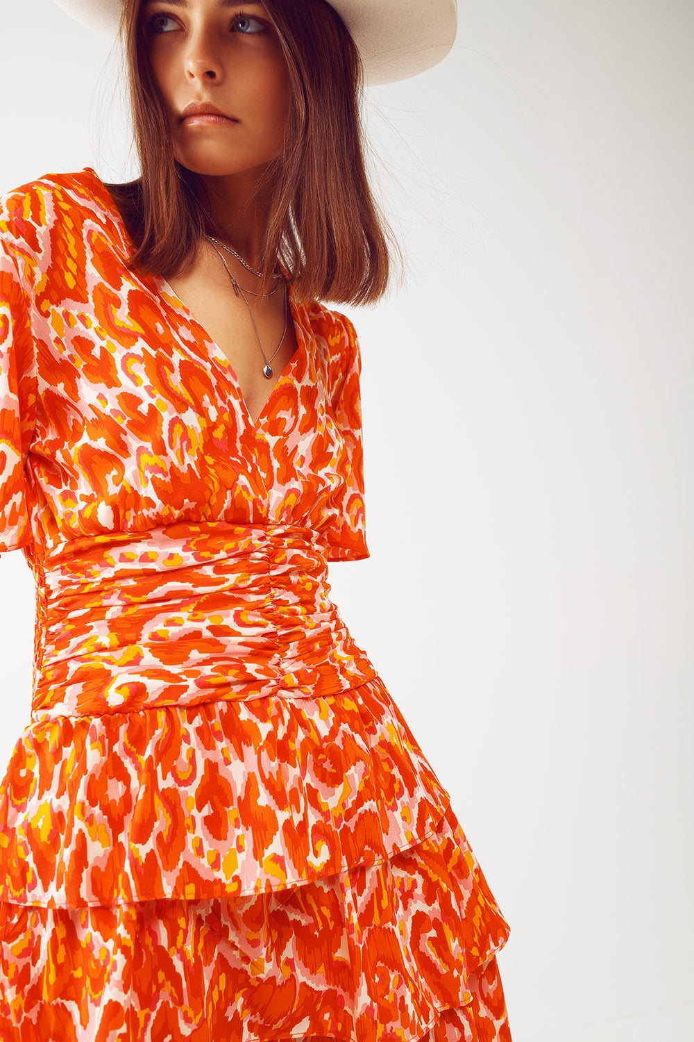 Mini V Neck Dress in Floral Orange Print