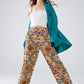 Q2 Multicolor Pants With Flower Print In Orange And Blue