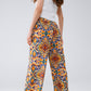 Pantalón Multicolor Con Estampado De Flores En Naranja Y Azul