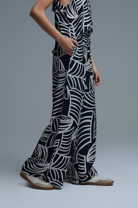 Navy and White Wide Leg Trousers with White Leaf Print